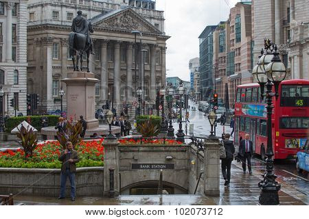 LONDON, UK - SEPTEMBER 17, 2015: City of London. Bank of England square view after the rain with lot