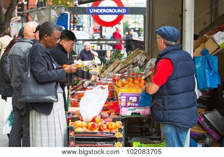 LONDON, UK - SEPTEMBER 17, 2015: Vegetables and fruit's stall near the Holborn tube station in Londo