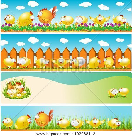 four easter cartoon banners with chicken and cock