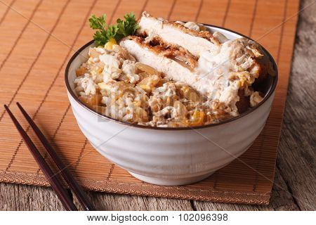 Japanese Food Katsudon Breaded Deep Fried Pork On Rice. Horizontal