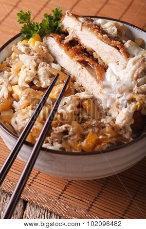 Katsudon, Breaded Deep Fried Pork On Steamed Rice Closeup. Vertical