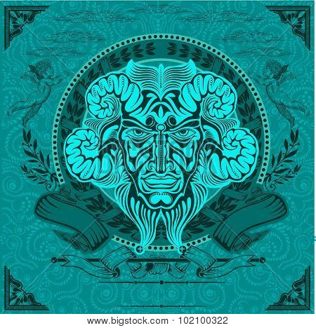 Vintage background with monster face with horns in engraving style