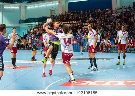 CHEKHOV, RUSSIA - SEPTEMBER 17: Young men playing handball on September 17, 2015 in Chekhov, Russia. Champions League. 
