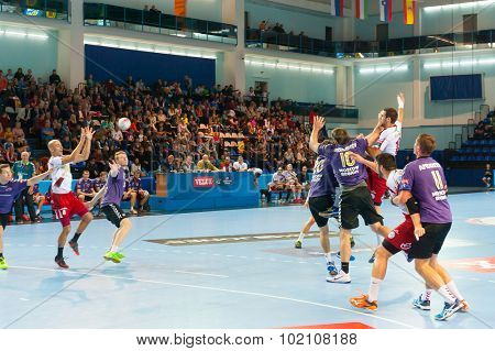 CHEKHOV, RUSSIA - SEPTEMBER 17: Young men playing handball on September 17, 2015 in Chekhov, Russia. Champions League. 