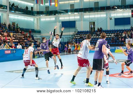 CHEKHOV, RUSSIA - SEPTEMBER 17: Young men playing handball on September 17, 2015 in Chekhov, Russia. Champions League. 