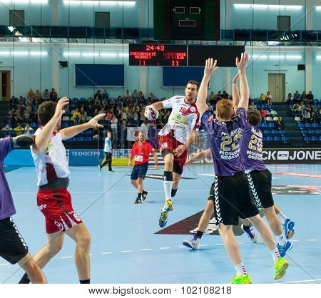 CHEKHOV, RUSSIA - SEPTEMBER 17: Young men playing handball on September 17, 2015 in Chekhov, Russia. Champions League. 