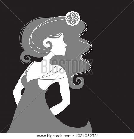 Monochrome single woman girl sideview with long hair in a summer