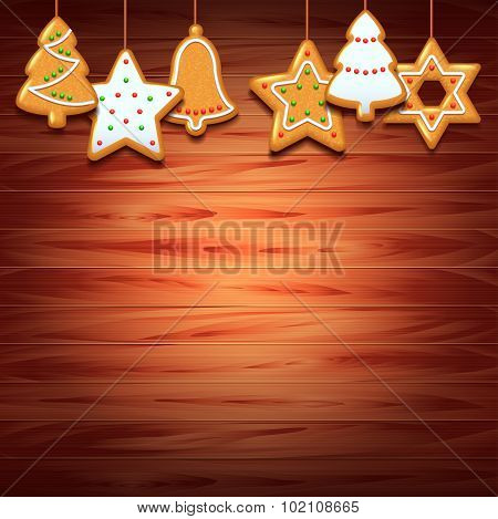 Christmas Cookies On Wood Background