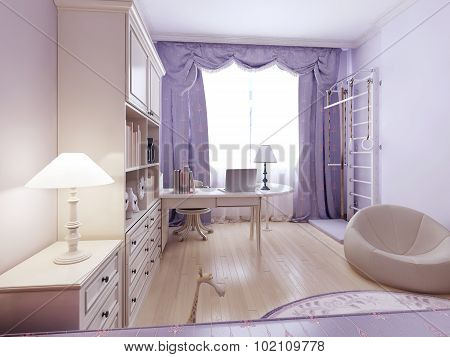 Bright Living Room With Ottoman And Wall Bars