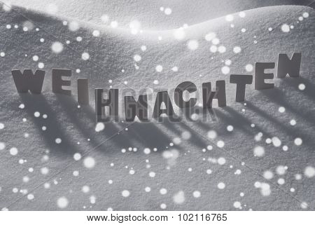 White Word Weihnachten Means Christmas On Snow, Snowflakes