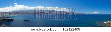 Gran Canaria, Panorama From La Isleta, Las Palmas, El Confital Beach On The Right, Las Canteras On T