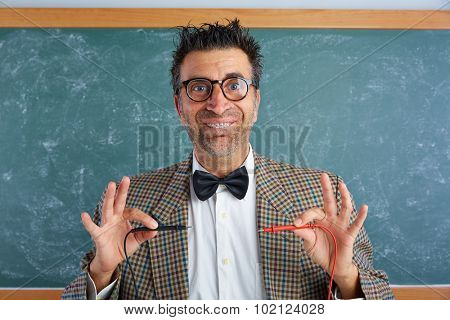 Nerd electronics technician retro teacher silly expression working tester pins