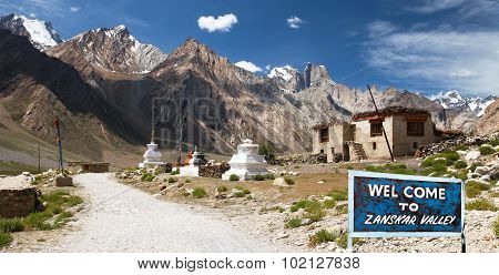 Village In Suru Valley And Signpost Welcome To Zanskar