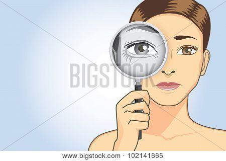 Beautiful woman magnifying wrinkle at her eye