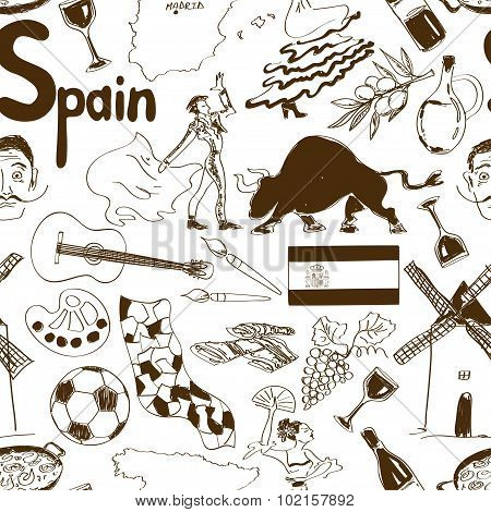 Sketch Spain Seamless Pattern.