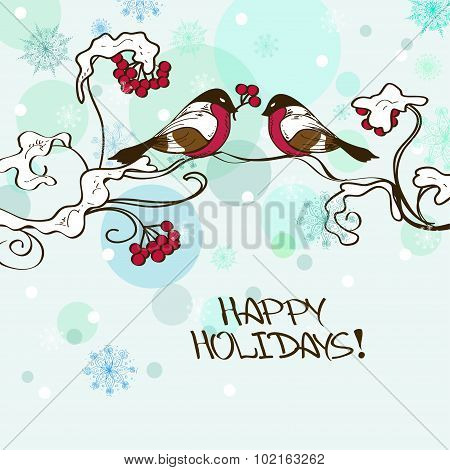 Winter Card With Couple Of Bulfinch Birds.