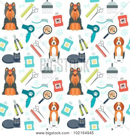 Seamless Pattern. Grooming For Animals. Pet Care. Flat Design. Vector