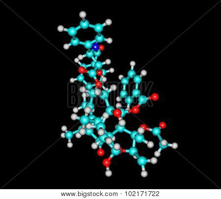 Paclitaxel is a mitotic inhibitor used in cancer chemotherapy. It and docetaxel represent the taxane family of drugs. Paclitaxel was discovered in 1962. 3D illustration