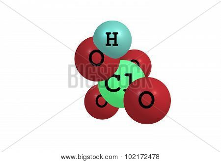 Perchloric acid is an inorganic compound with the formula HClO4. Usually found as an aqueous solution. 3d illustration