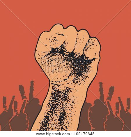 Hand Up Proletarian Revolution. Fist of revolution. Human hand up. Red background. Design element. JPEG version.
