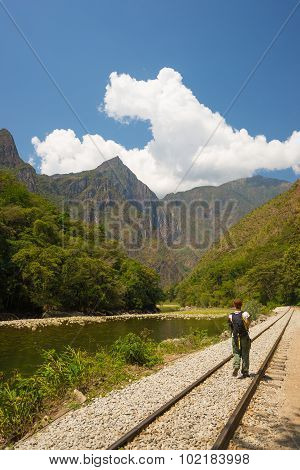 Walking On Railway Track To Machu Picchu, Peru