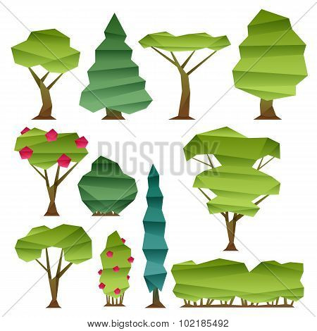 Abstract low poly style trees set.
