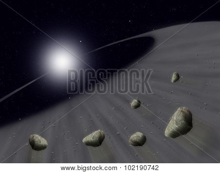 Sun with asteroids in universe or space, Globe and galaxy in a cloud with meteors