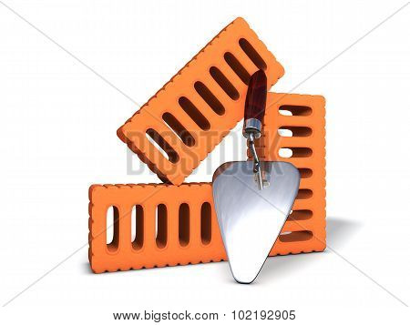 Brick wall under construction end tools. Tools. 3D