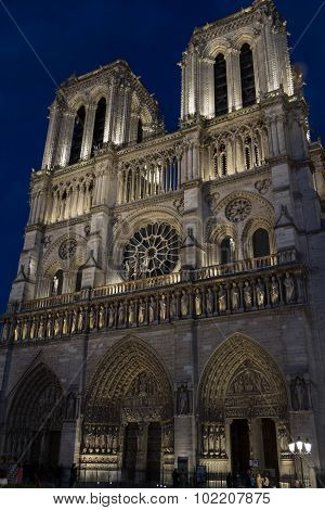 The Cathedral Notre Dame At Night, Paris, France