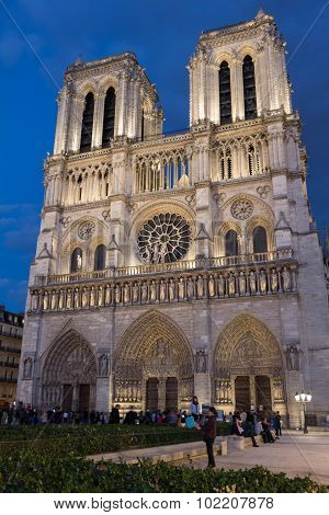The Cathedral Notre Dame At Night, Paris, France