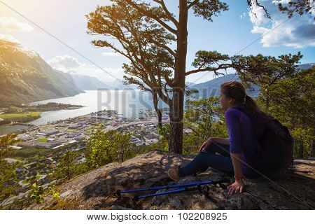 Tourist Girl And Romsdalsfjorden