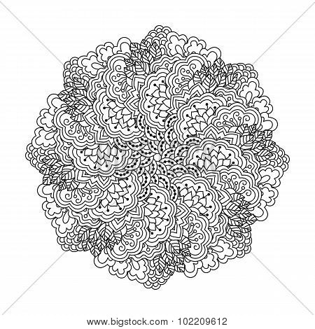 Round element for coloring book. Black and white floral pattern.