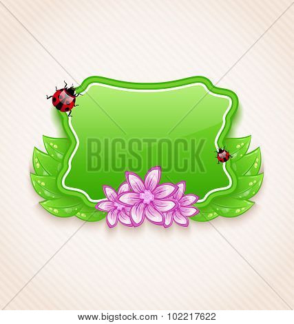 Cute spring card with flower, leaves, lady-beetle