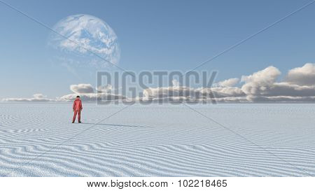 Red Clothed Figure Stands in Empty Desolate Desert