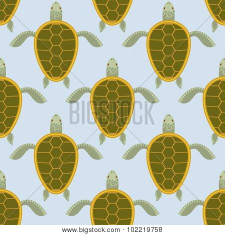 Flock Of Sea Turtles. Water Turtle Seamless Pattern. Vector Background Of Aquatic Reptile With Shell