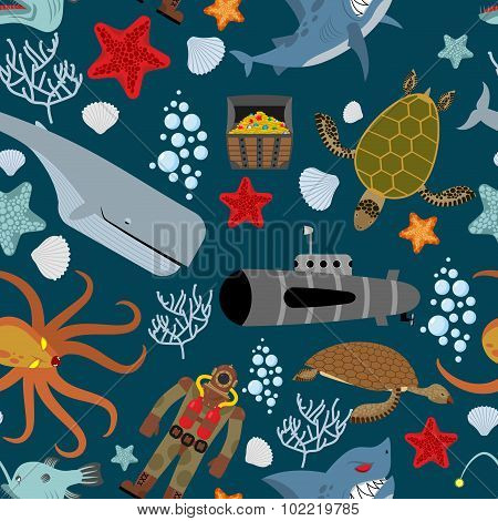 Marine Seamless Pattern. Inhabitants Of The Ocean. Keith And Aquatic Turtle. Diver And Submarine. Co