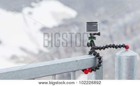 Les Diablerets, Switzerland - July 22, 2015: Closeup Of Gopro Hero 4 Camera On Gorillapod Tripod In