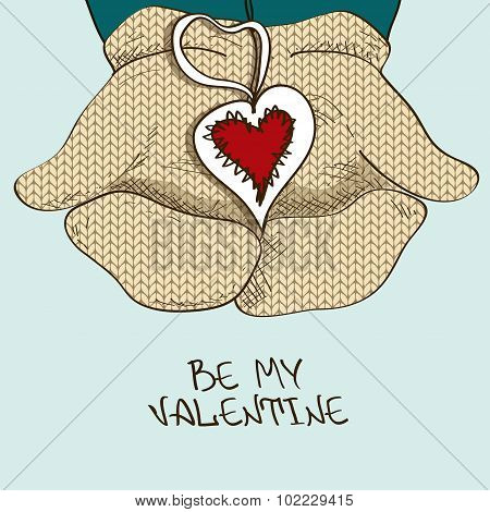 Illustration With Hands In Mittens Holding Heart