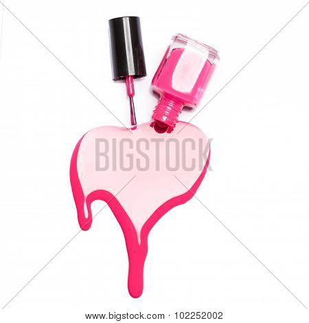 Pink Nail Polish Bottle With Splatters Isolated On White Background
