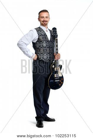 Young singer man with guitar isolated white background