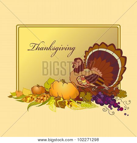 Thanksgiving celebration banner with turkey, pumpkin and corn