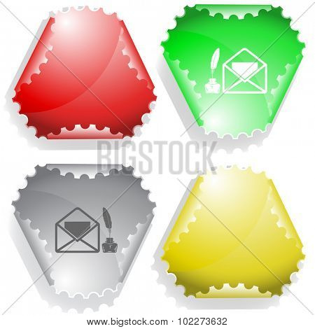 mail with feather and inkstandn . Vector sticker.