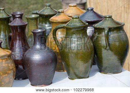 handmade ceramic pottery in a roadside market