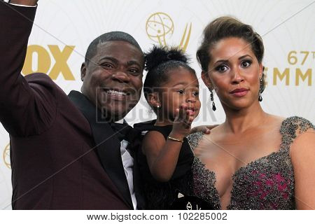 LOS ANGELES - SEP 20:  Tracy Morgan, Maven Sonae Morgan, Megan Wollover at the Primetime Emmy Awards Press Room at the Microsoft Theater on September 20, 2015 in Los Angeles, CA