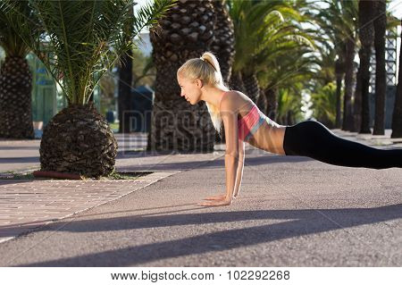 Sporty young woman with beautiful slender figure doing press ups outdoors in sunny summer day