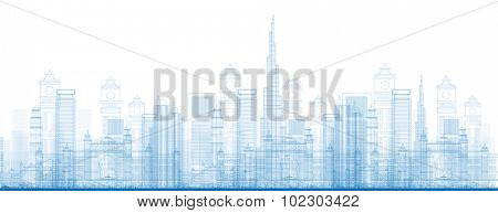 Outline Dubai City Skyscrapers in blue color. Vector illustration