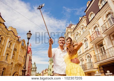 Couple In Love Making Selfie Photo On Self Stick