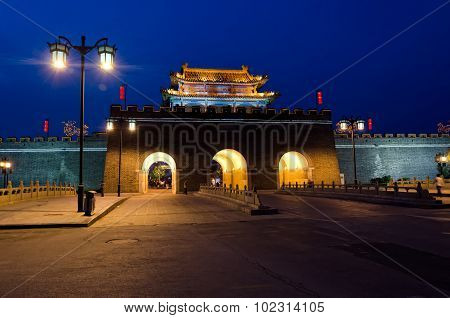 City Wall Gate At Night In Qufu, China