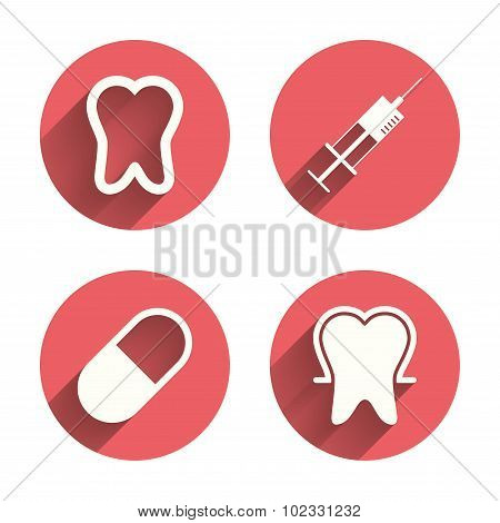 Tooth enamel icons. Medical syringe and pill.
