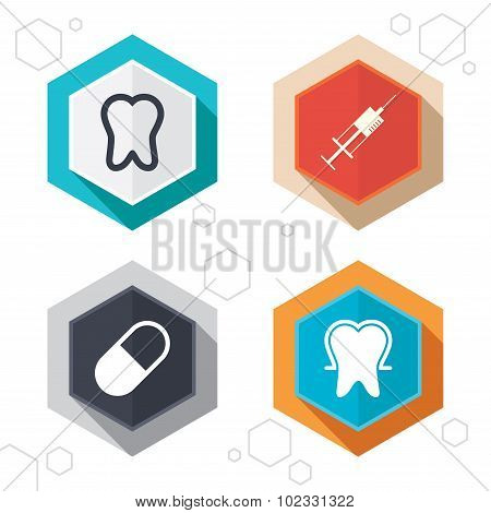 Tooth enamel icons. Medical syringe and pill.